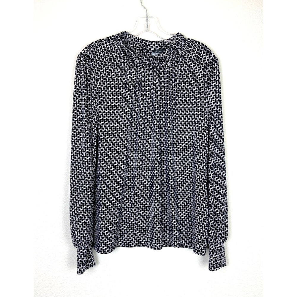 Adrianna Papell Ruffled Neck Blouse L Black White Stretchy Business Office